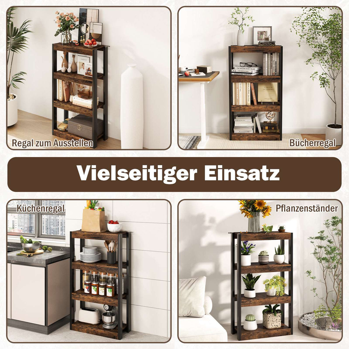 4-Tier Wood Bookshelf with Anti-Tip Kits, Open Shelves