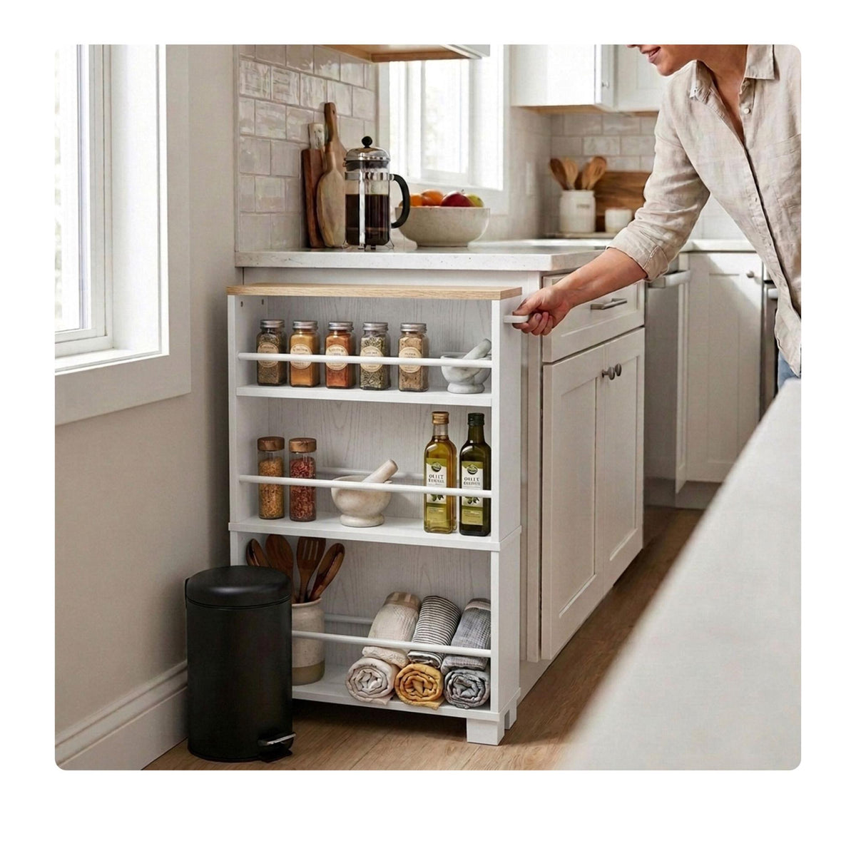 4-Tier Wood-Effect Trolley with Handle, 80x13x50 cm