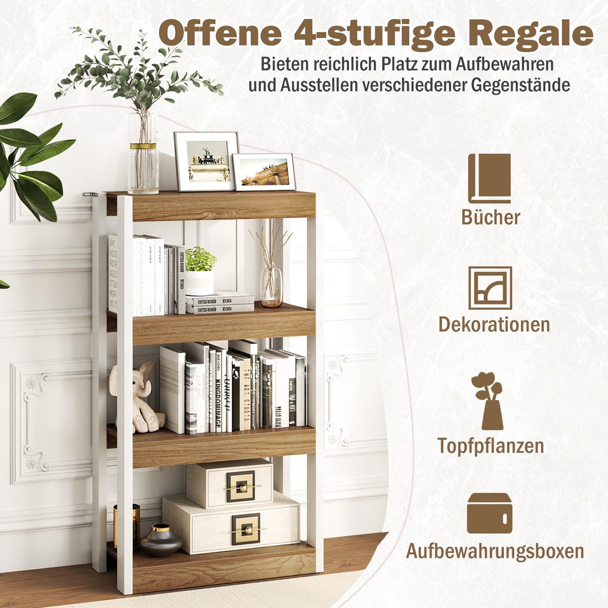4-Tier Wooden Shelf with Anti-Tip Kits, Open Shelves
