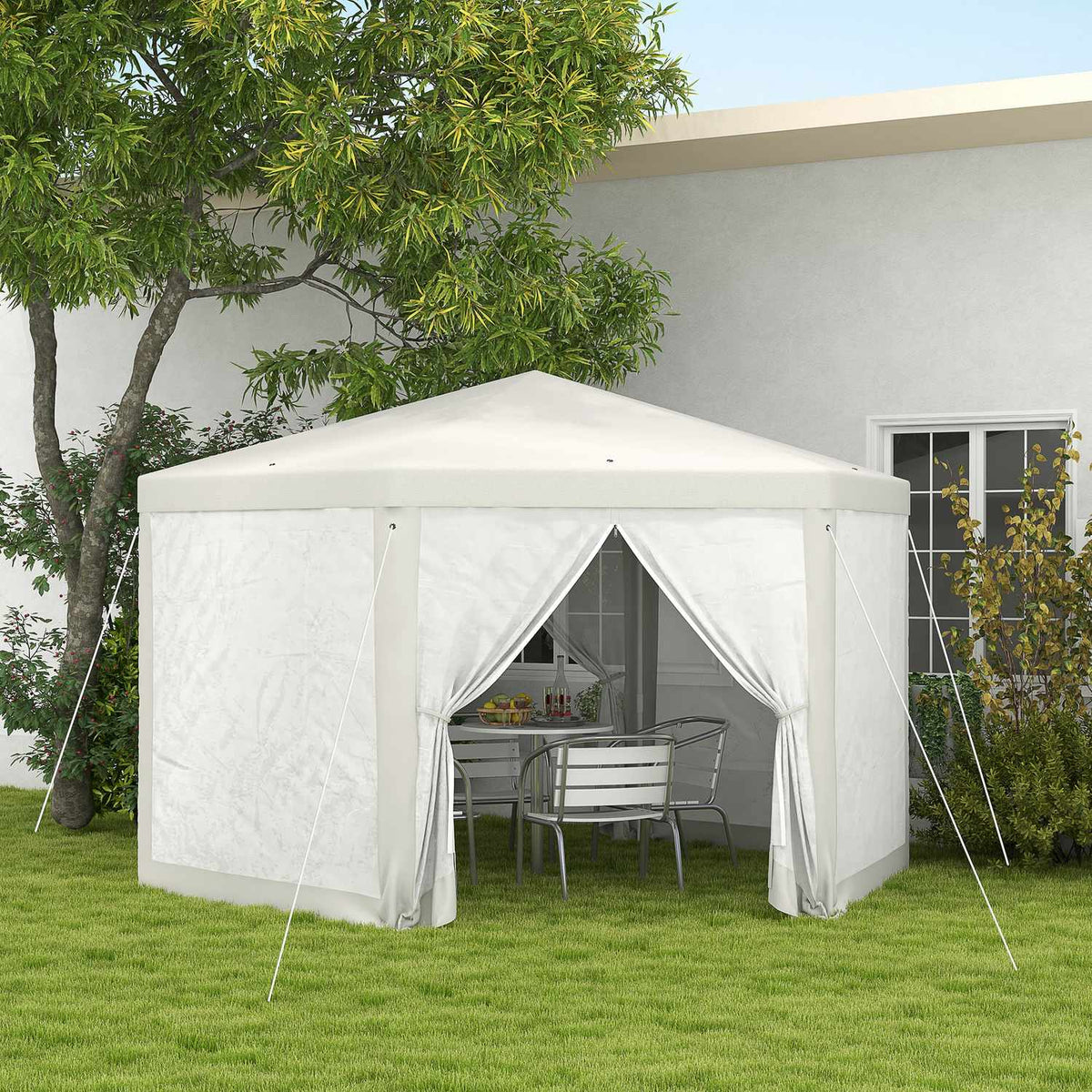 4X4M Hexagonal Party Tent With Mosquito Net, Garden Tent, Marquee, Polyester Metal, Cream