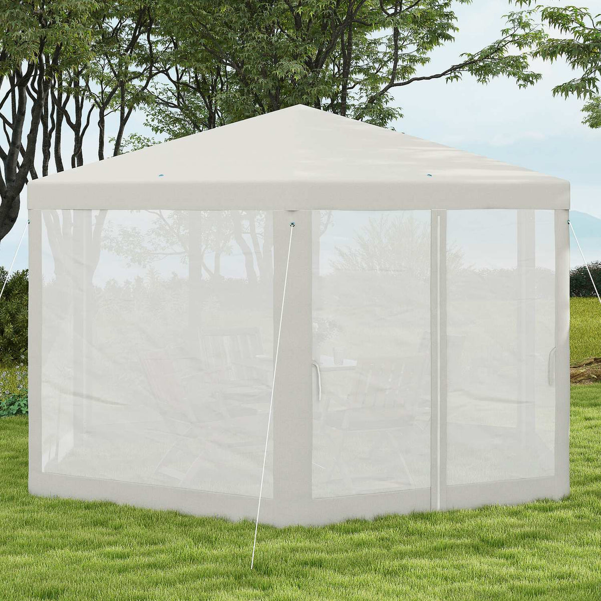 4X4M Hexagonal Party Tent With Mosquito Net, Garden Tent, Marquee, Polyester Metal, Cream