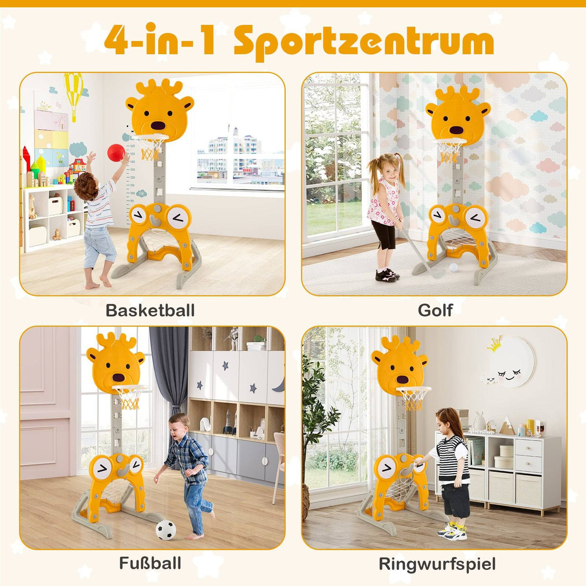 4-in-1 Adjustable Kids Activity Center with Basketball Hoop