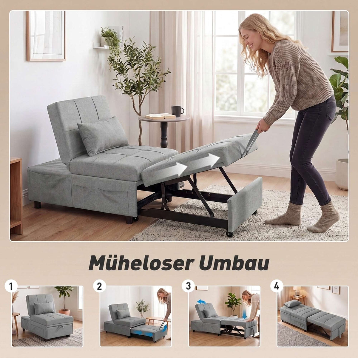 4-in-1 Adjustable Sleeper Chair with Side Pockets, Light Grey