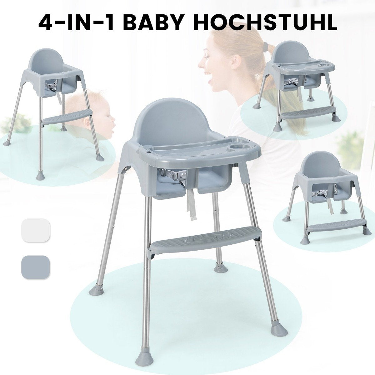 4 in 1 Baby High Chair Made of PP & Stainless Steel High Chair Convertible with Removable Double Tray Gray