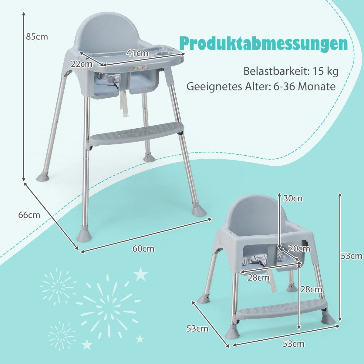 4 in 1 Baby High Chair Made of PP & Stainless Steel High Chair Convertible with Removable Double Tray Gray