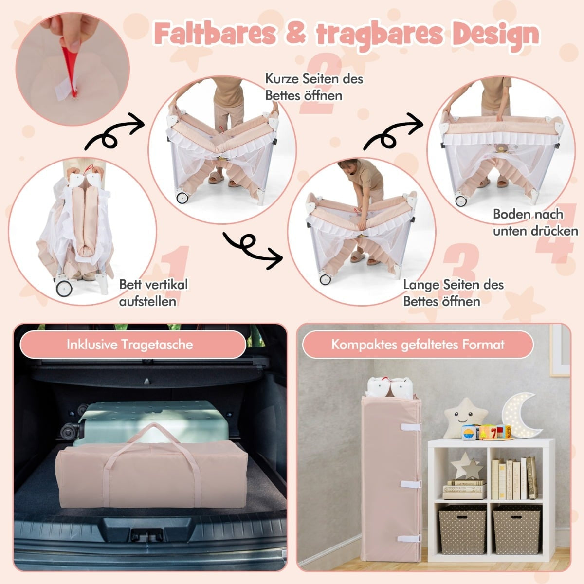4-in-1 Baby Travel Cot with Canopy, Mattress, Pink