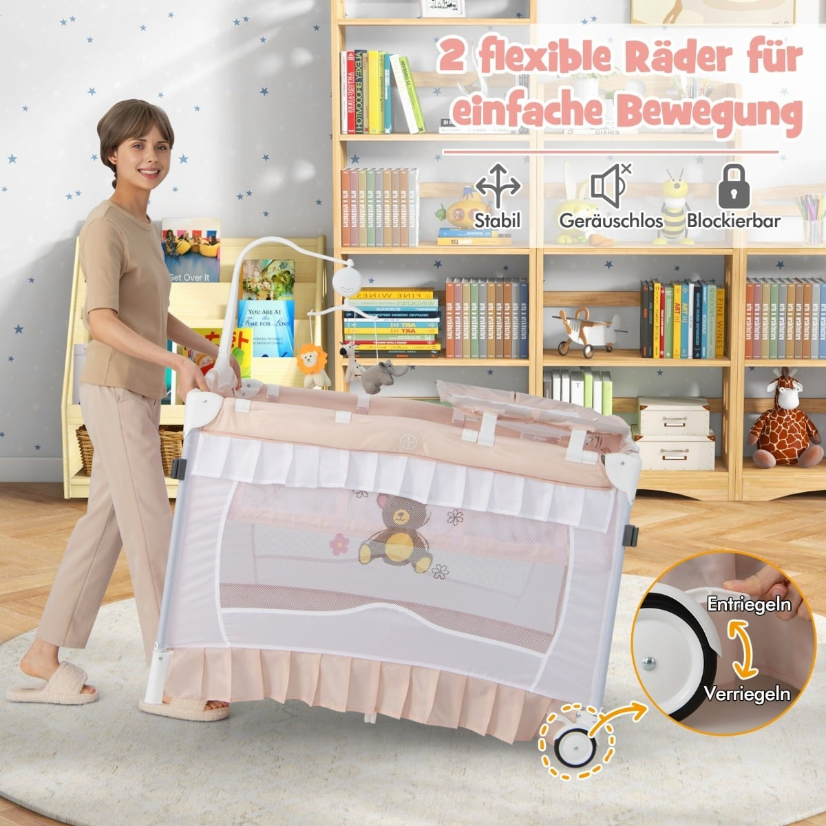 4-in-1 Baby Travel Cot with Canopy, Mattress, Pink