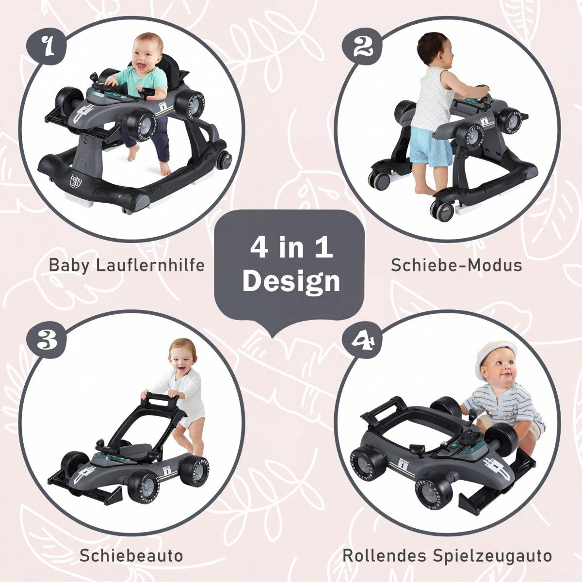 4-in-1 Baby Walker, Adjustable Height, Foldable, Dark Grey