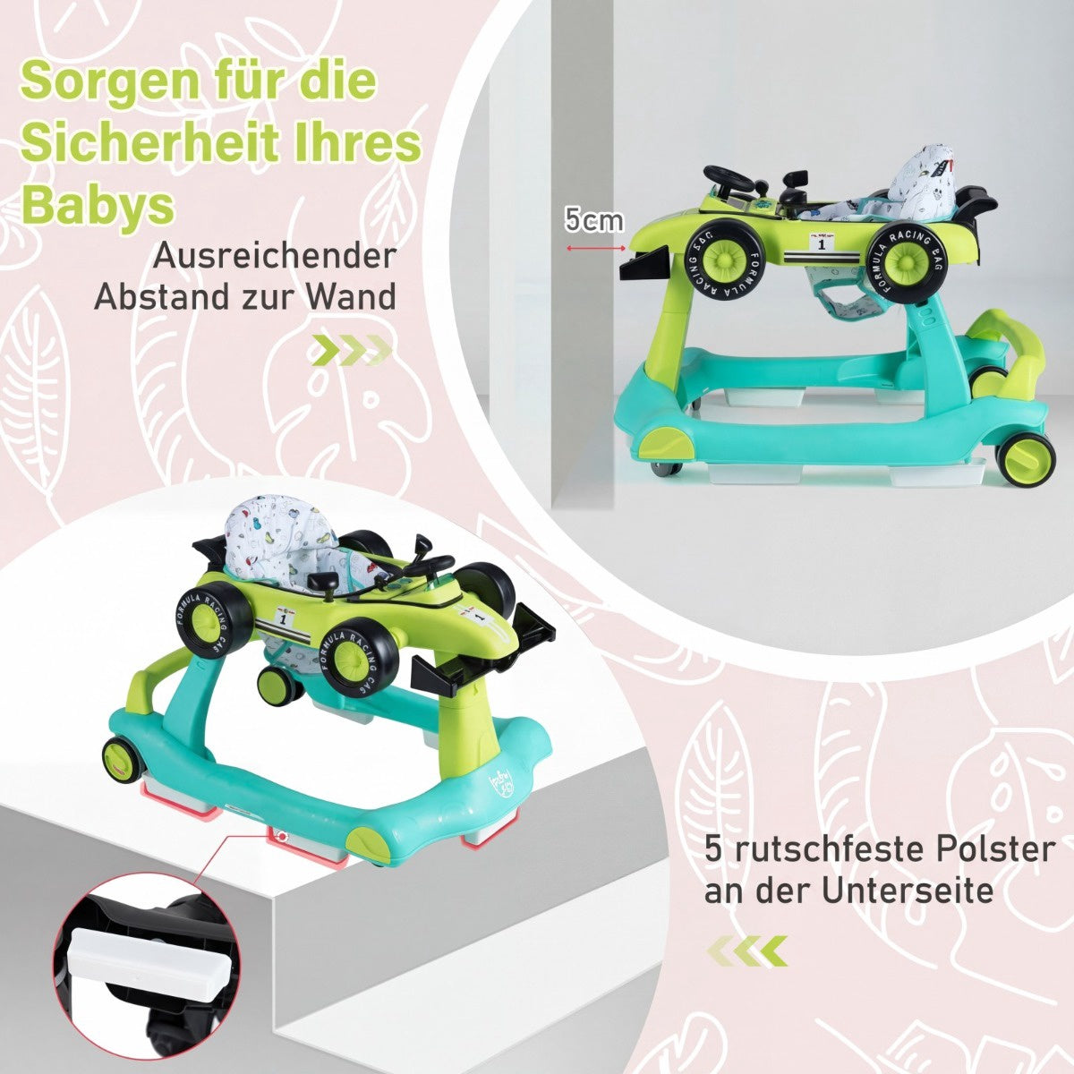 4 in 1 Baby Walker, Adjustable Height, Foldable, Green