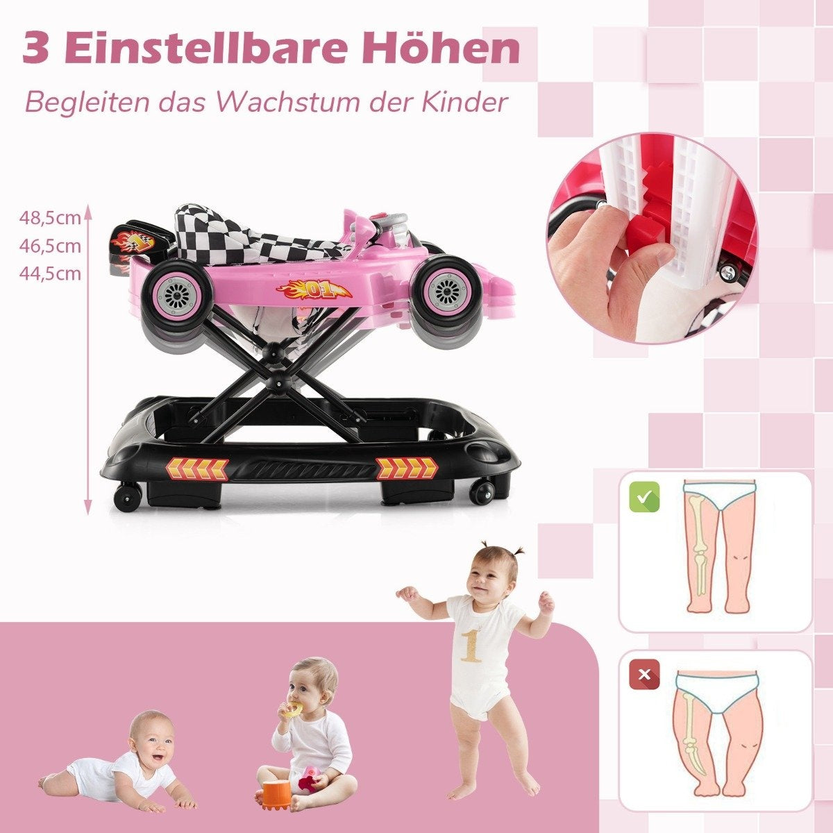 4-in-1 Baby Walker with Adjustable Heights, Pink Car Design