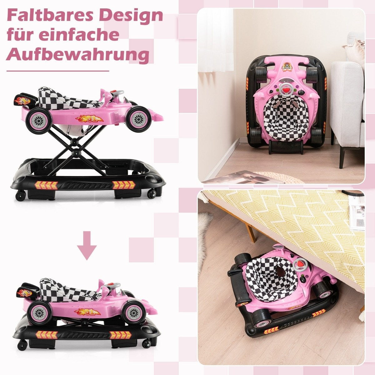 4-in-1 Baby Walker with Adjustable Heights, Pink Car Design