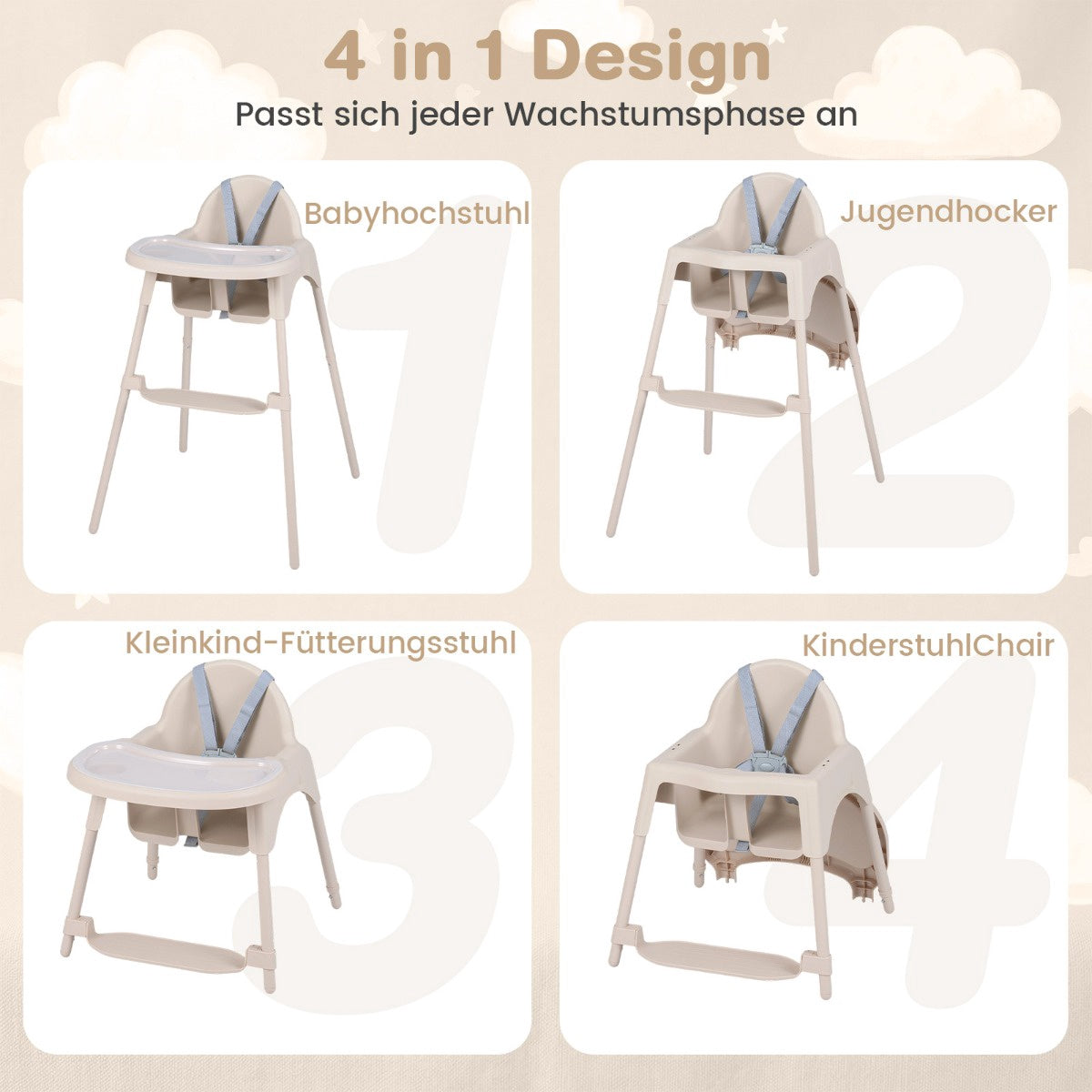 4-in-1 Convertible Baby High Chair with Adjustable Tray