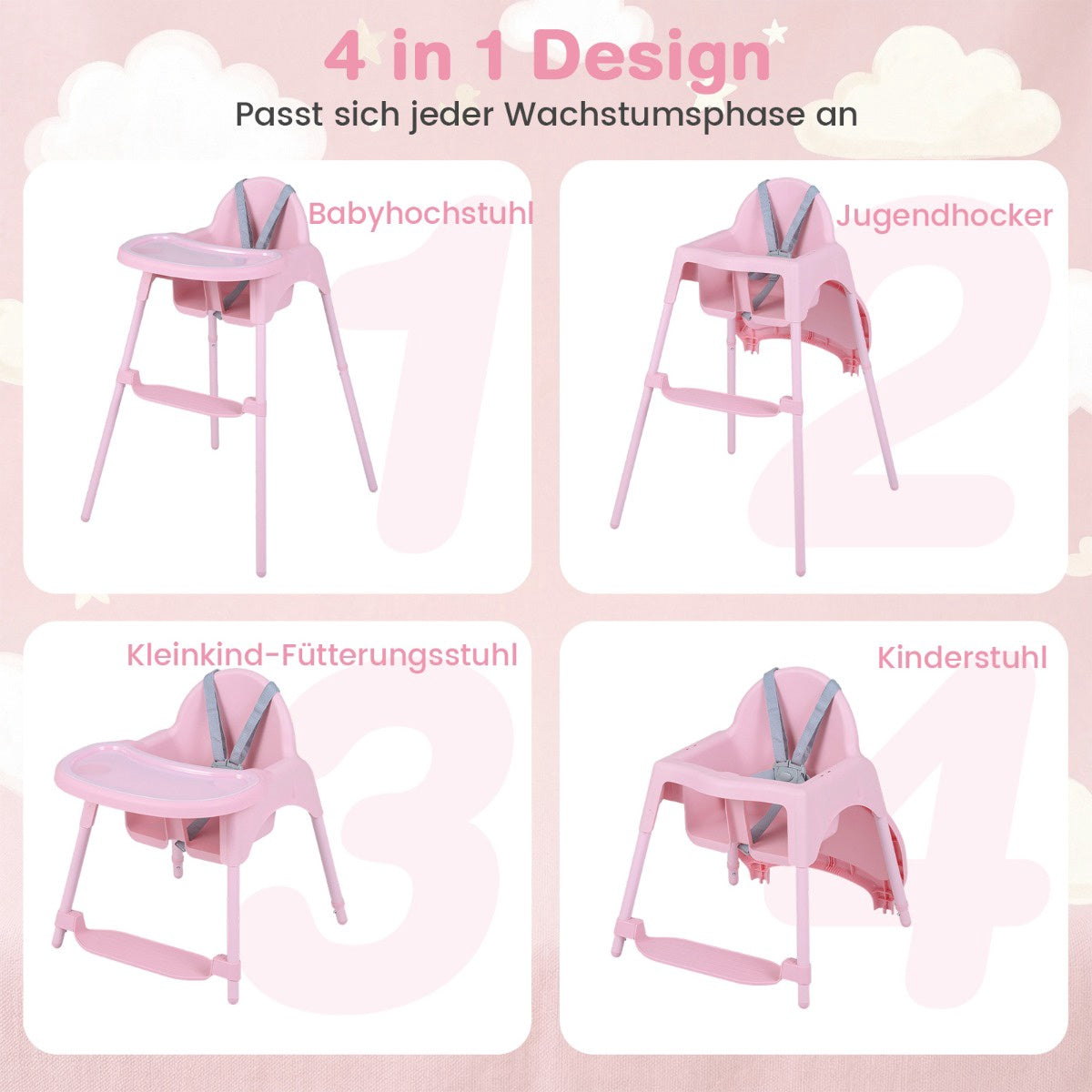 4-in-1 Convertible Baby High Chair with Adjustable Tray, Pink