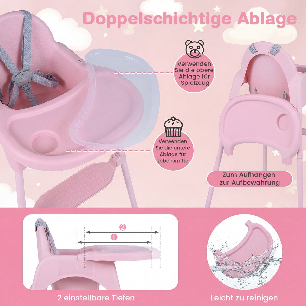 4-in-1 Convertible Baby High Chair with Adjustable Tray, Pink