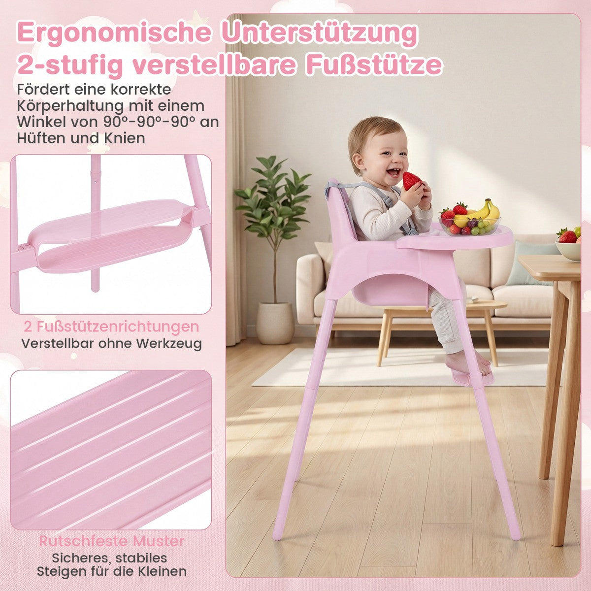 4-in-1 Convertible Baby High Chair with Adjustable Tray, Pink