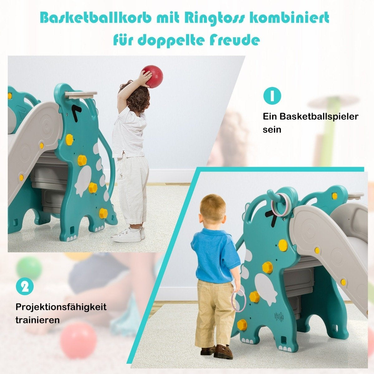 4-in-1 Dinosaur Slide Climbing & Sliding Playset for Babies with Basketball Hoop 188 x 65 x 80 cm