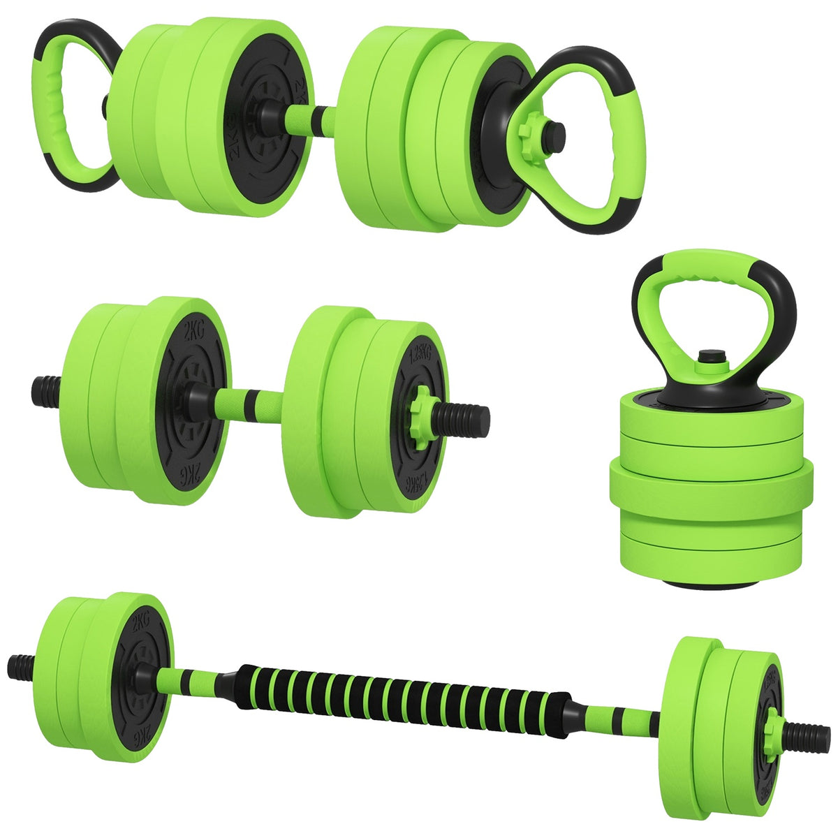 4 in 1 Dumbbell Set 20 kg Adjustable Dumbbell & Barbell Kettlebell Push-up Handles Green