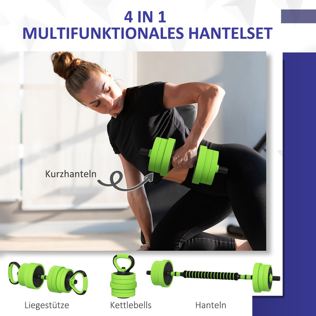4 in 1 Dumbbell Set 20 kg Adjustable Dumbbell & Barbell Kettlebell Push-up Handles Green