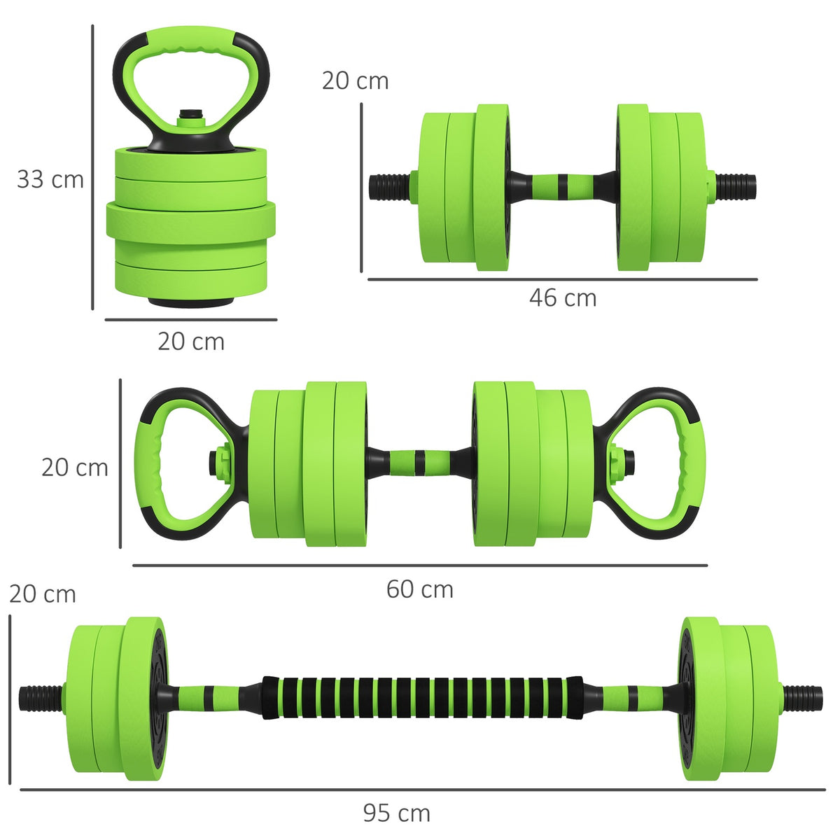4 in 1 Dumbbell Set 20 kg Adjustable Dumbbell & Barbell Kettlebell Push-up Handles Green