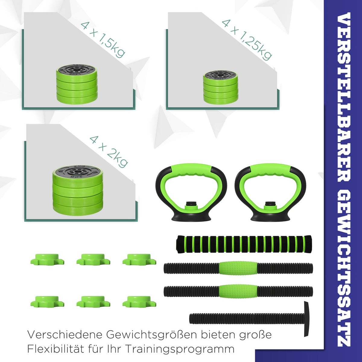 4 in 1 Dumbbell Set 20 kg Adjustable Dumbbell & Barbell Kettlebell Push-up Handles Green