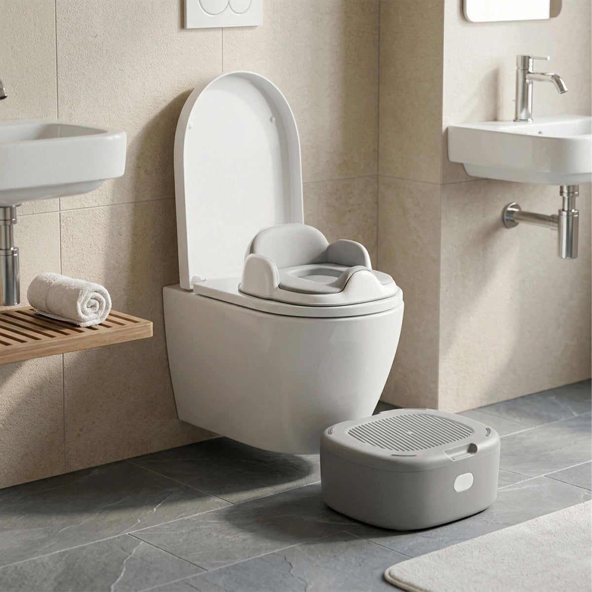 4-in-1 Grey Potty Trainer with Lid and Step Stool