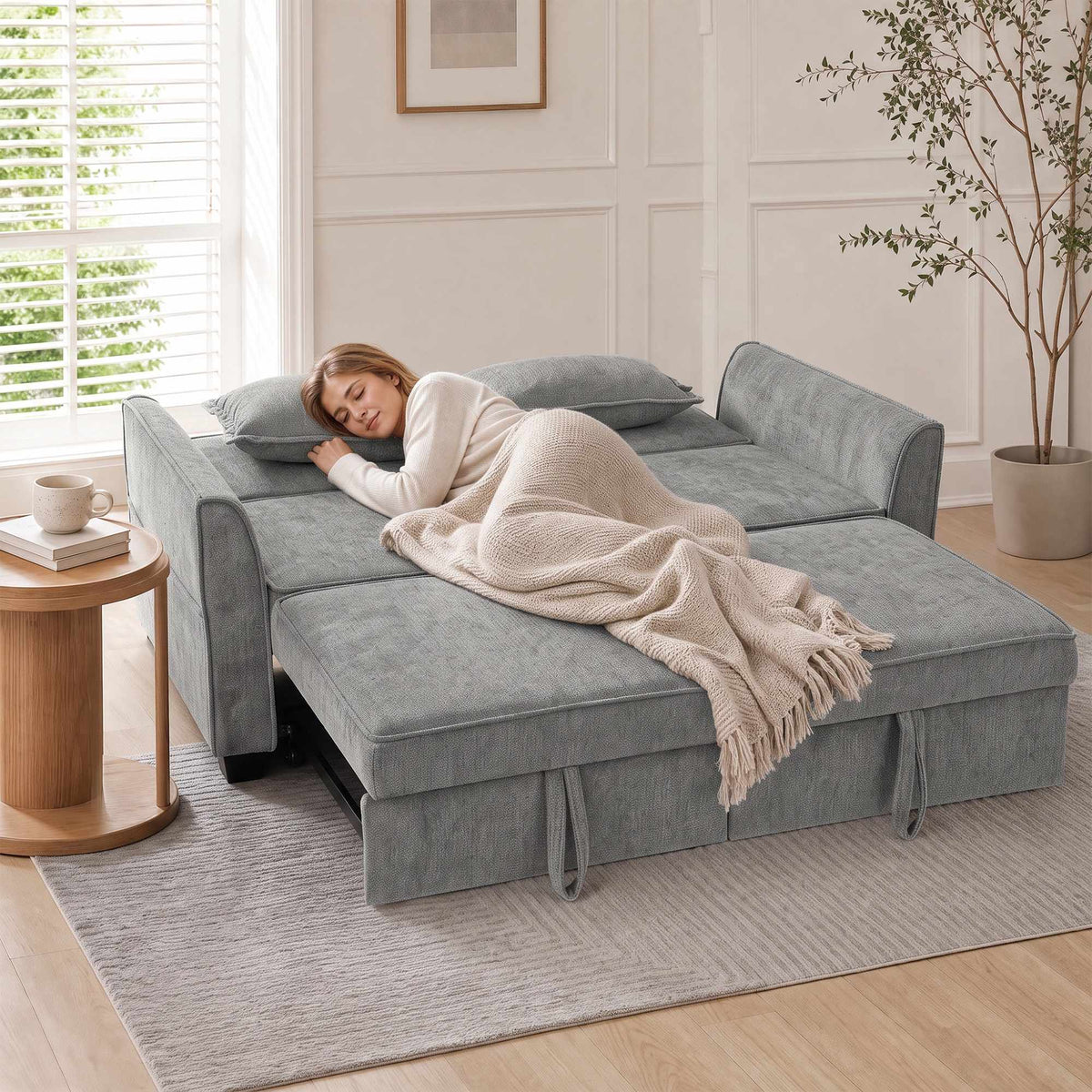 4-in-1 Grey Sofa Bed with Adjustable Backrest & Pockets