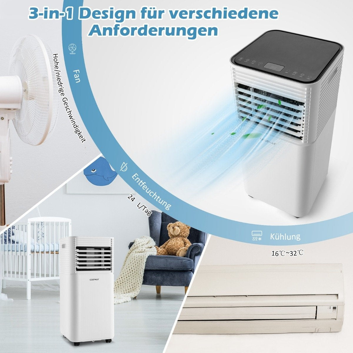 4 in 1 Mobile Air Conditioner 9000 BTU Cooling & Ventilating & Dehumidifying Air Conditioner with Black Lid 16℃-32℃