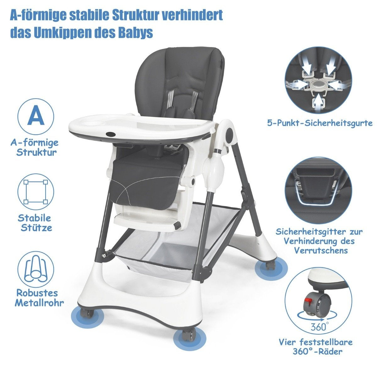 4-in-1 Portable Baby and Toddler High Chair Sleeping Chair 60 x 89 x 110 cm Gray