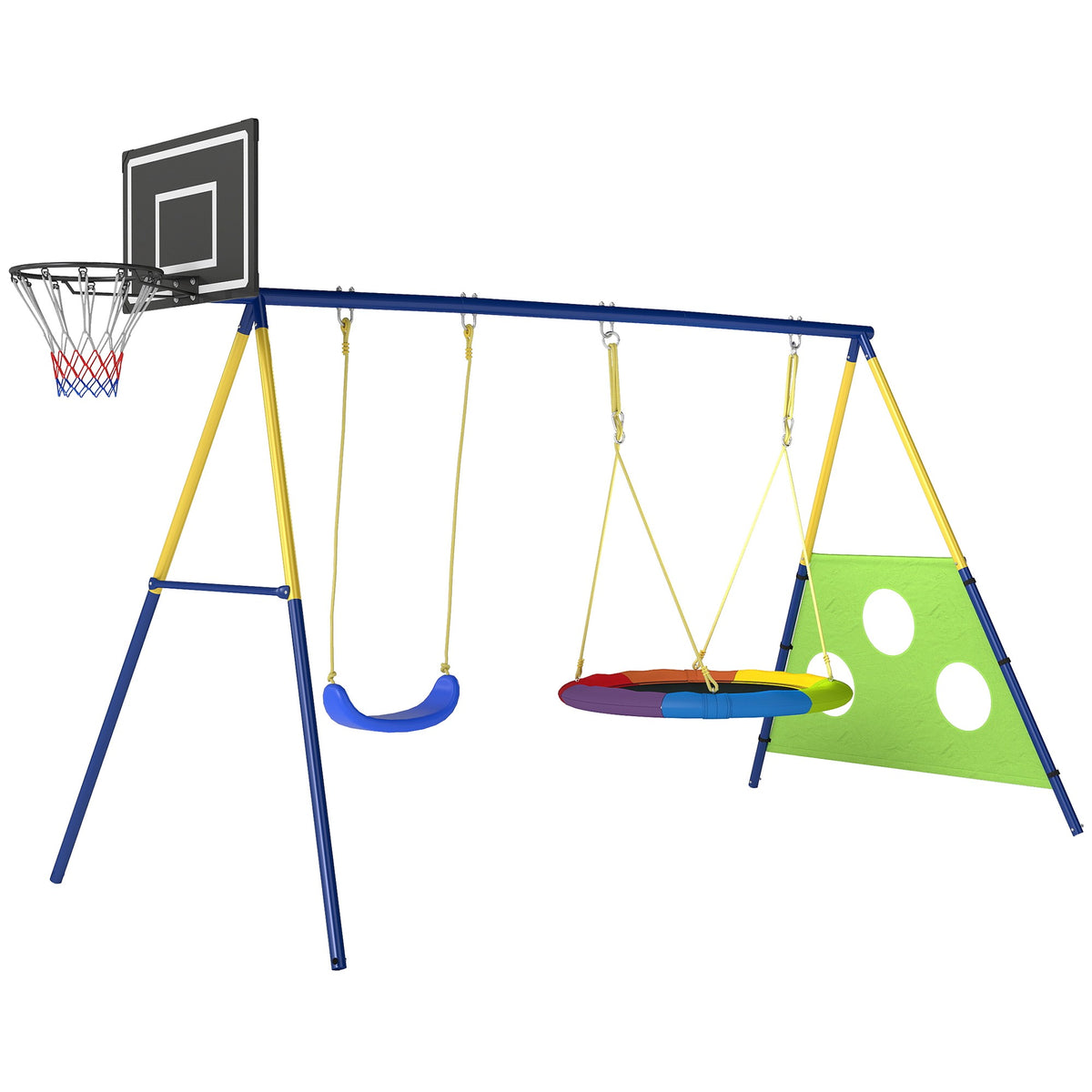 4-in-1 Swing Set with Nest Swing, Basketball & Soccer Goal