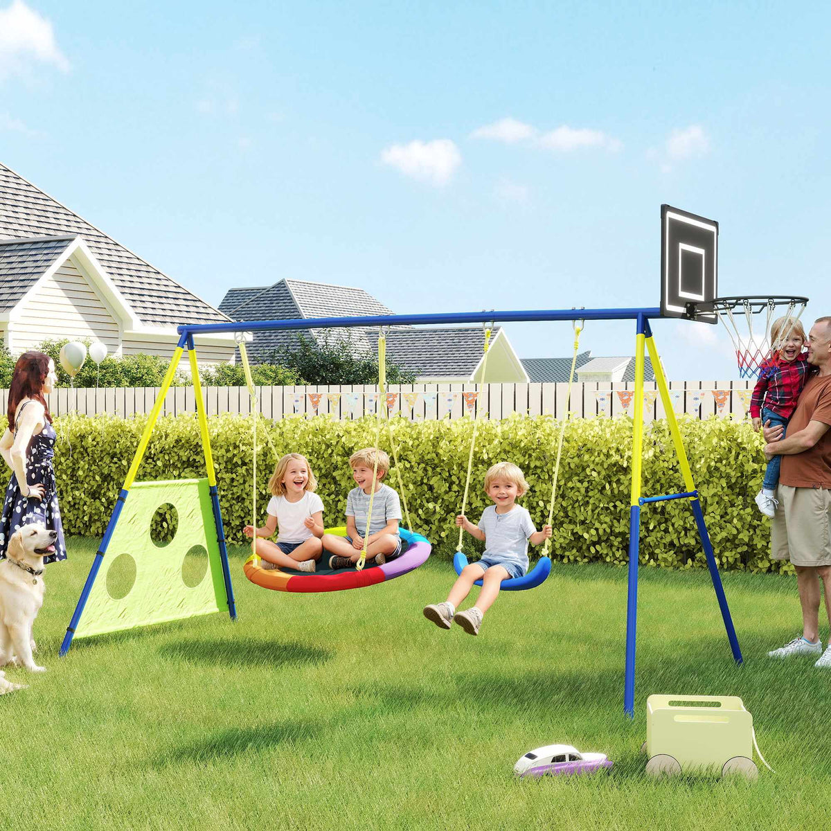 4-in-1 Swing Set with Nest Swing, Basketball & Soccer Goal