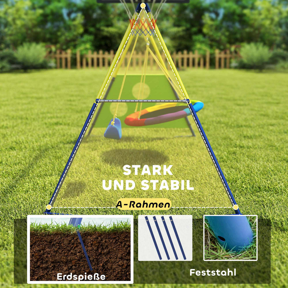4-in-1 Swing Set with Nest Swing, Basketball & Soccer Goal