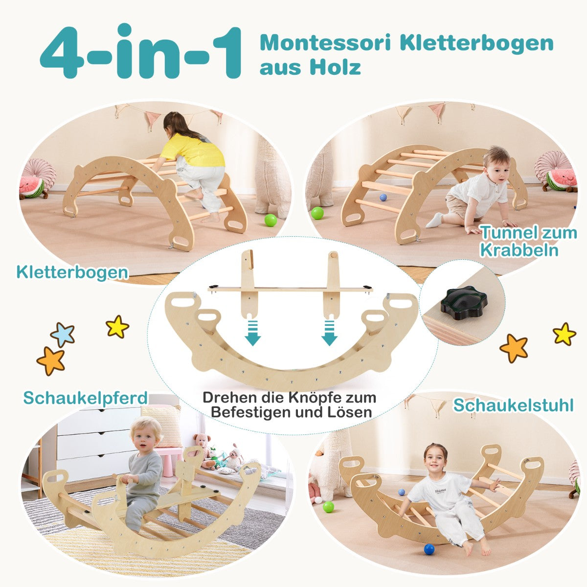 4-in-1 Wooden Climbing Toy – Rocker, Arch, Tunnel