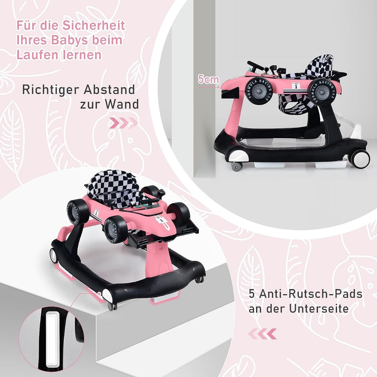 4 in 1 baby walker folding baby walker 73 x 64 x 50.5/53.5/55.5 cm pink