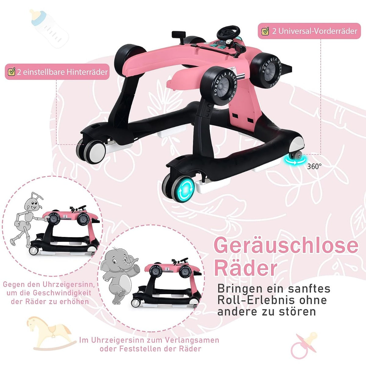 4 in 1 baby walker folding baby walker 73 x 64 x 50.5/53.5/55.5 cm pink