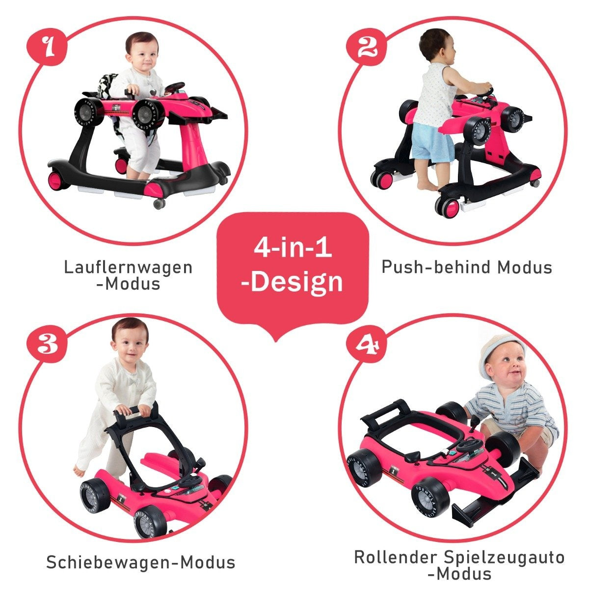 4 in 1 baby walker folding baby walker 73 x 64 x 50.5/53.5/55.5 cm pink