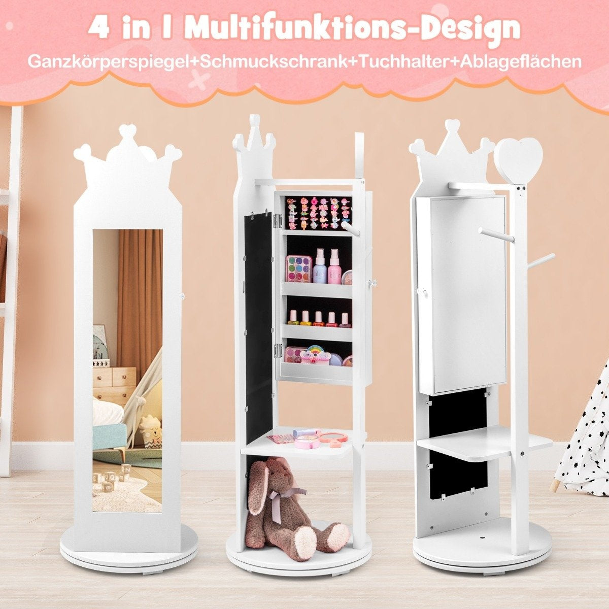 4 in 1 children's jewelry cabinet mirror cabinet 360° rotatable with full-length mirror white
