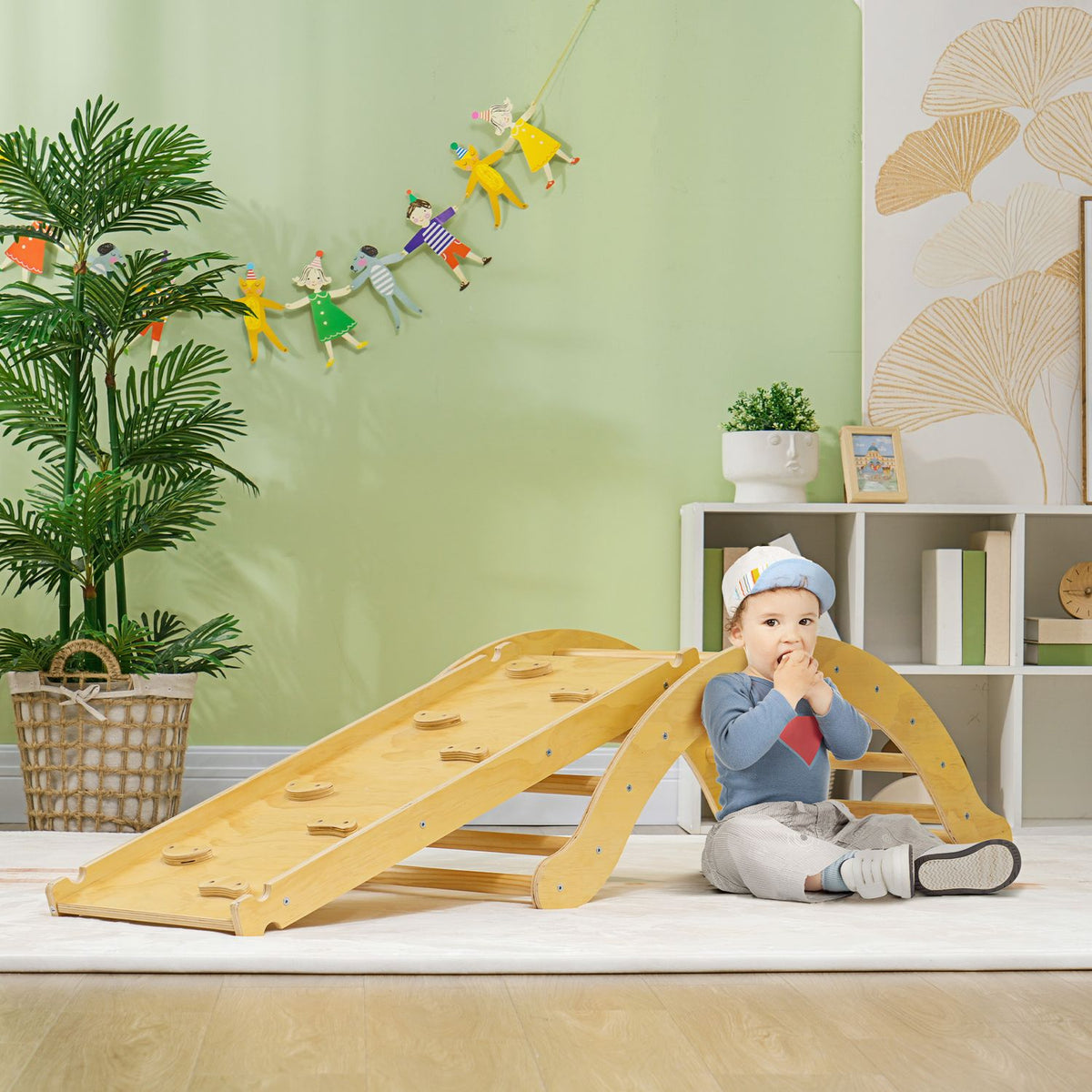 4 in 1 climbing frame set with slide, climbing triangle for sliding and climbing, wooden climbing toy, for children 1.5-4 years, indoor, natural wood