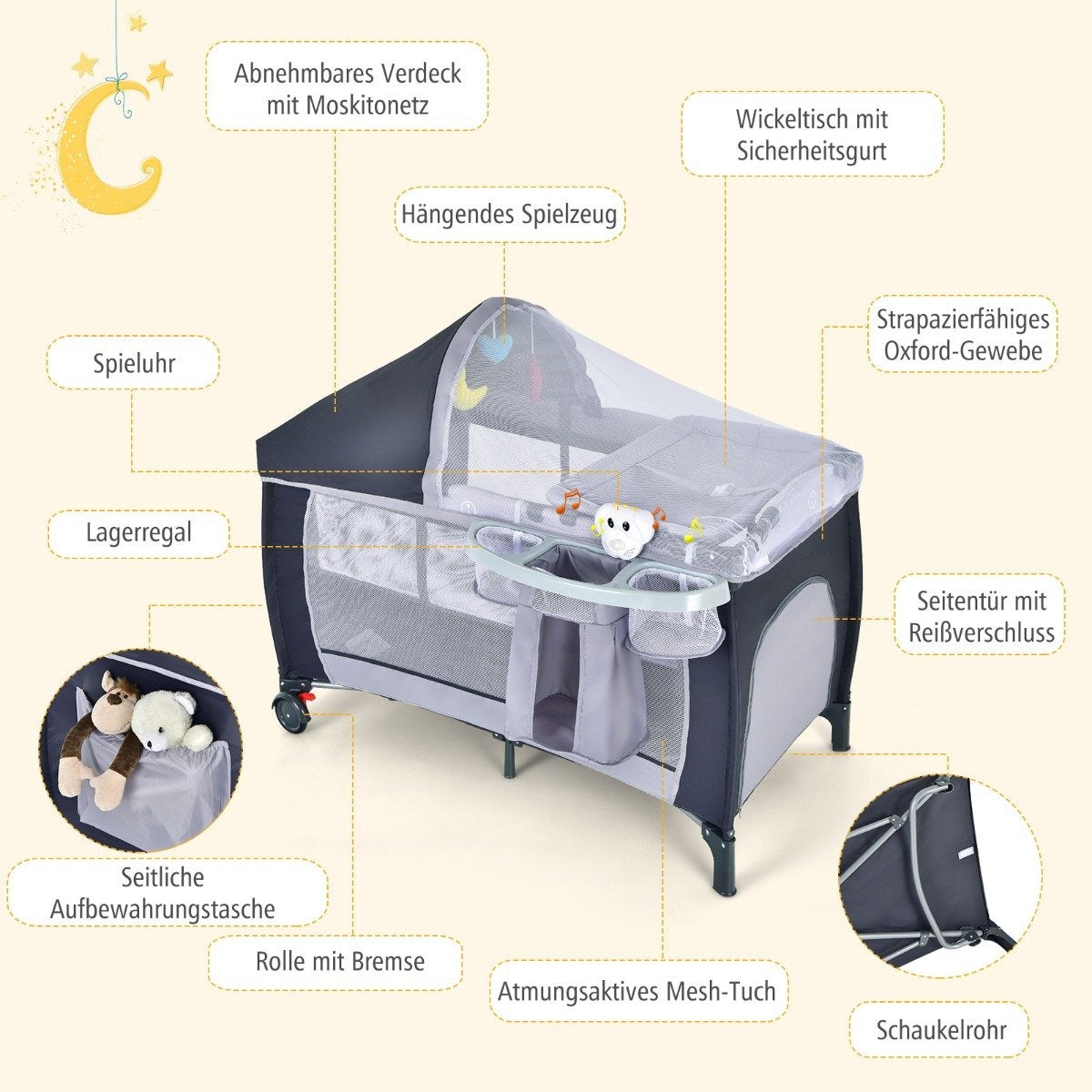 4 in 1 folding travel cot & baby cradle 123 x 63 x 76 cm grey