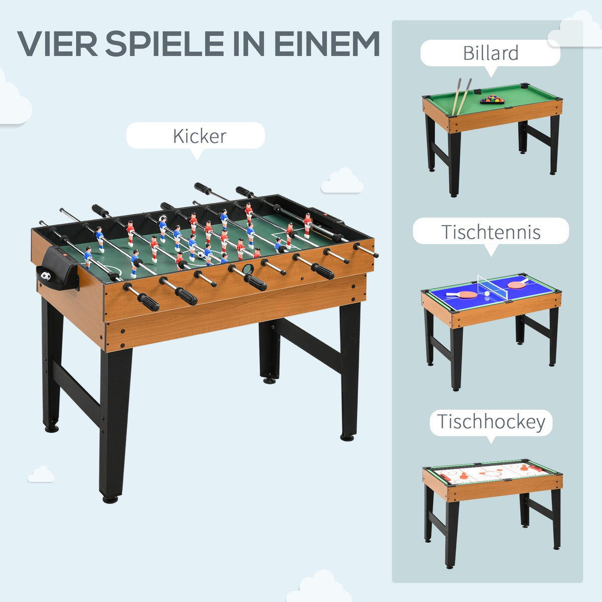 4 in 1 multigame game table, party game table with table tennis, table football, billiards, table hockey, for multiplayer fun, steel, natural wood + black