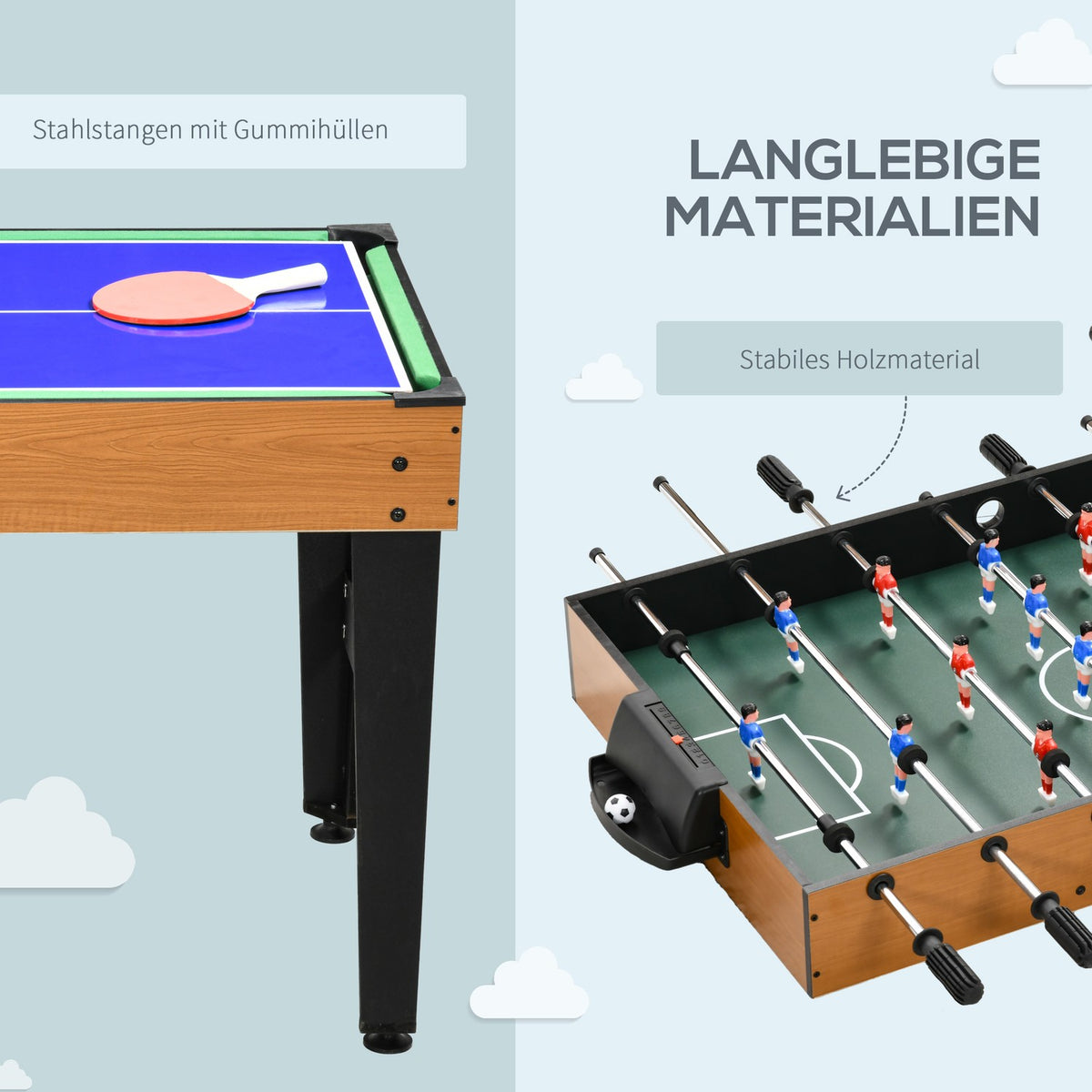 4 in 1 multigame game table, party game table with table tennis, table football, billiards, table hockey, for multiplayer fun, steel, natural wood + black