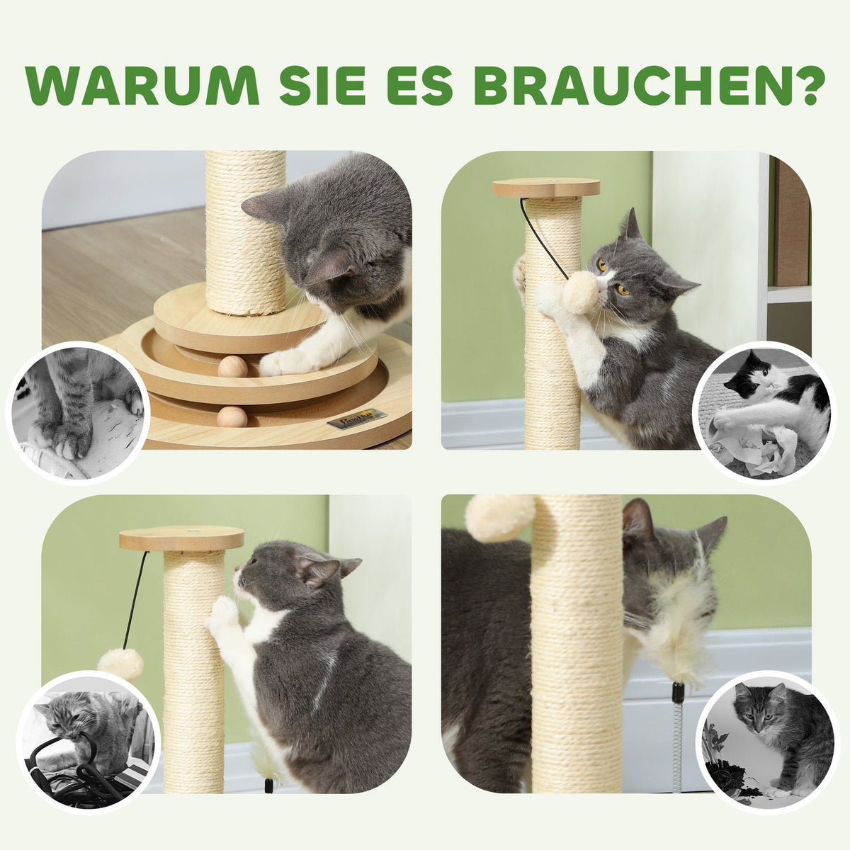 4-in-1 scratching post, 49cm scratching post, sisal cat scratching post with play ball, scratching post for cats, cat scratching furniture, indoor, oak