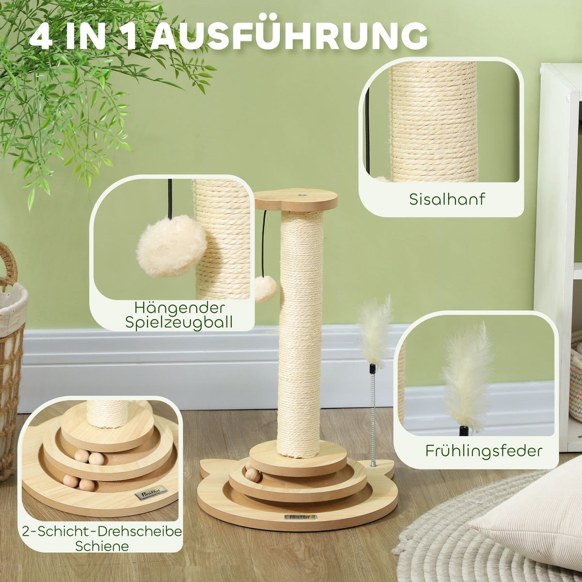 4-in-1 scratching post, 49cm scratching post, sisal cat scratching post with play ball, scratching post for cats, cat scratching furniture, indoor, oak