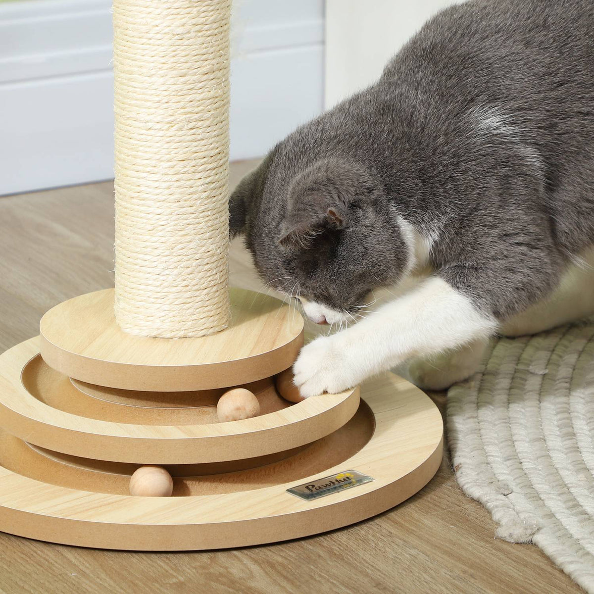 4-in-1 scratching post, 49cm scratching post, sisal cat scratching post with play ball, scratching post for cats, cat scratching furniture, indoor, oak