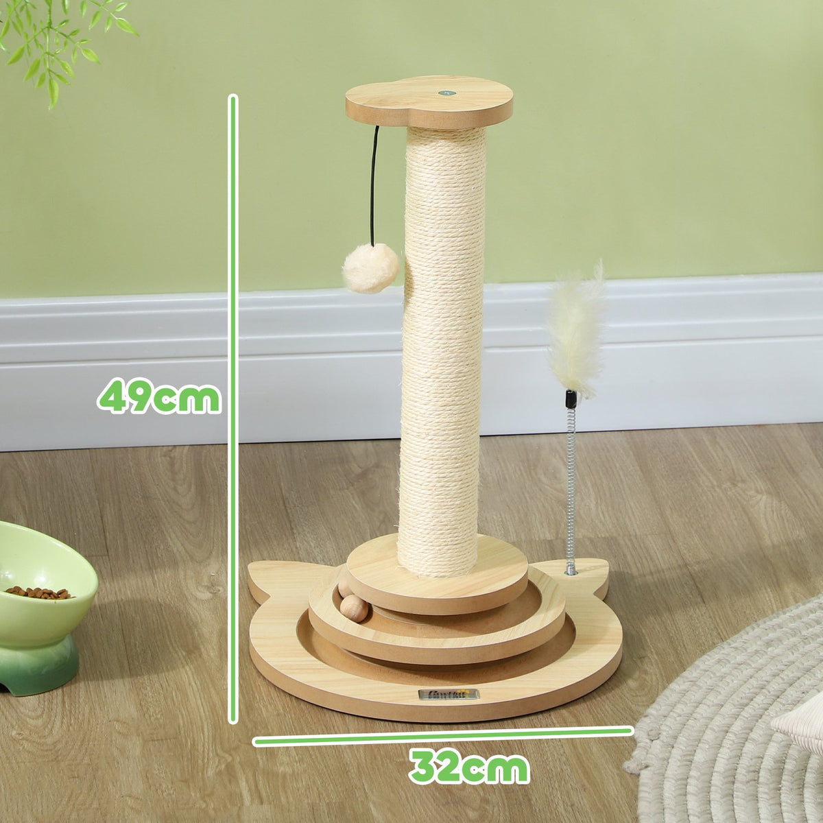 4-in-1 scratching post, 49cm scratching post, sisal cat scratching post with play ball, scratching post for cats, cat scratching furniture, indoor, oak