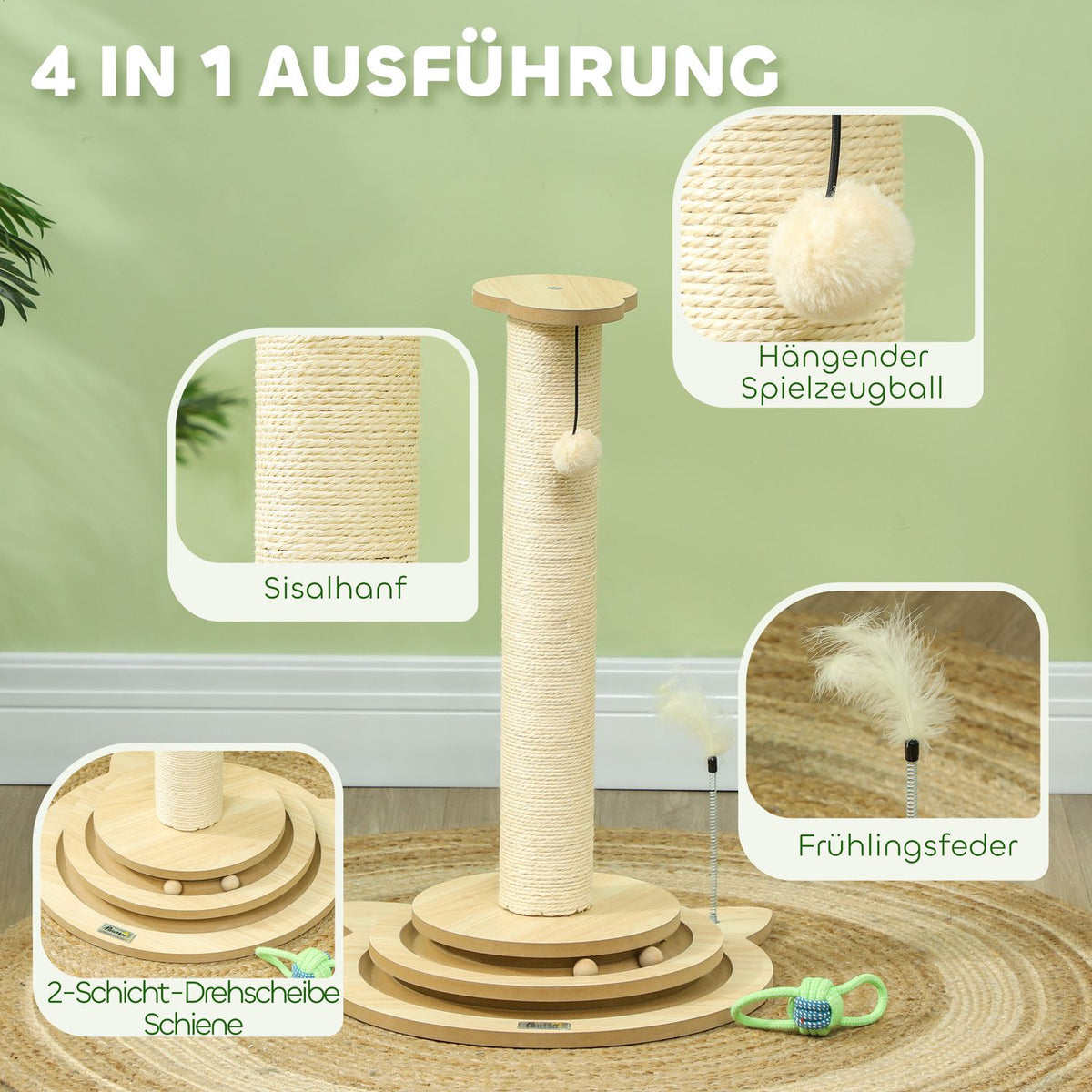 4-in-1 scratching post, 69cm scratching post, sisal cat scratching post with play ball, scratching post for cats, cat scratching furniture, indoor, oak