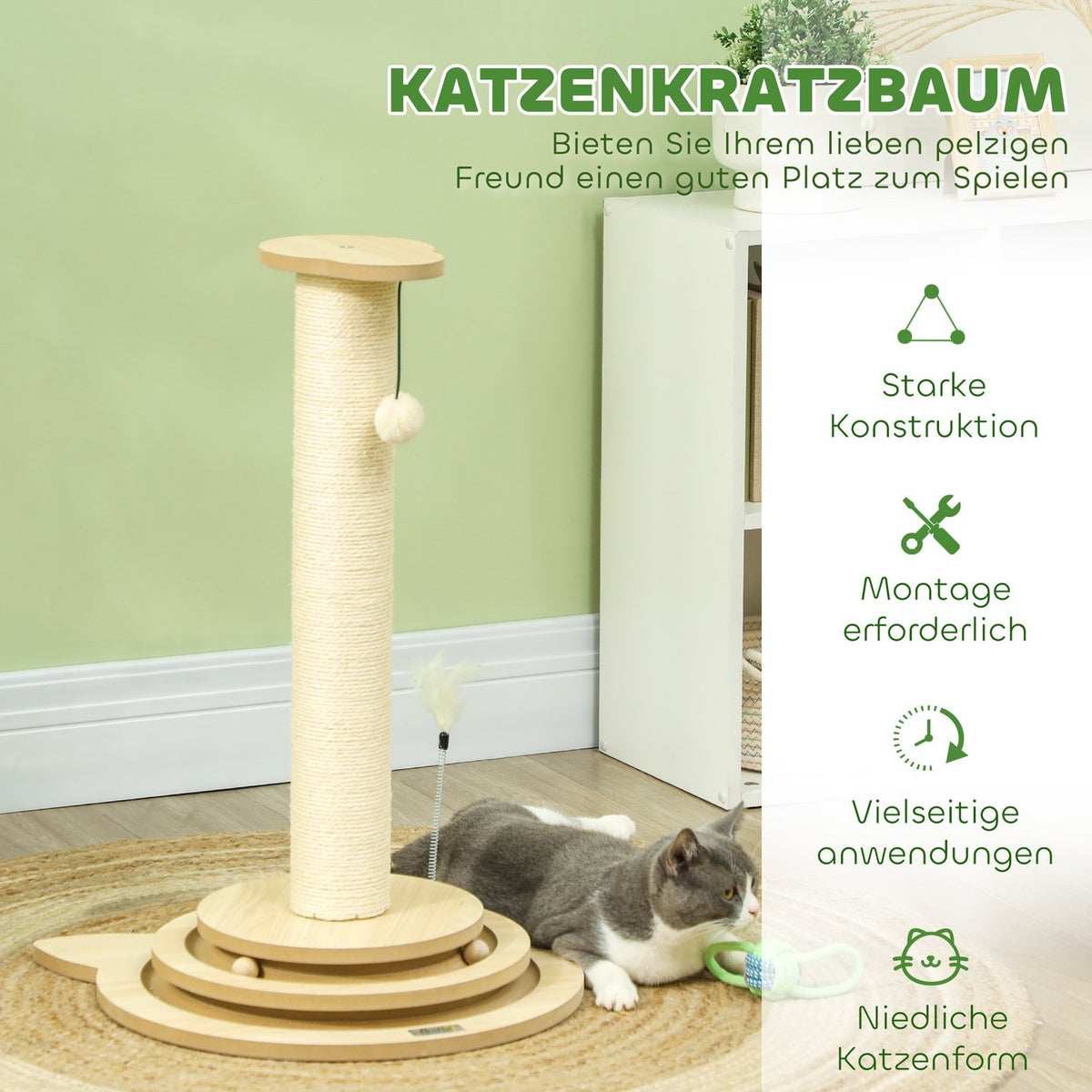 4-in-1 scratching post, 69cm scratching post, sisal cat scratching post with play ball, scratching post for cats, cat scratching furniture, indoor, oak