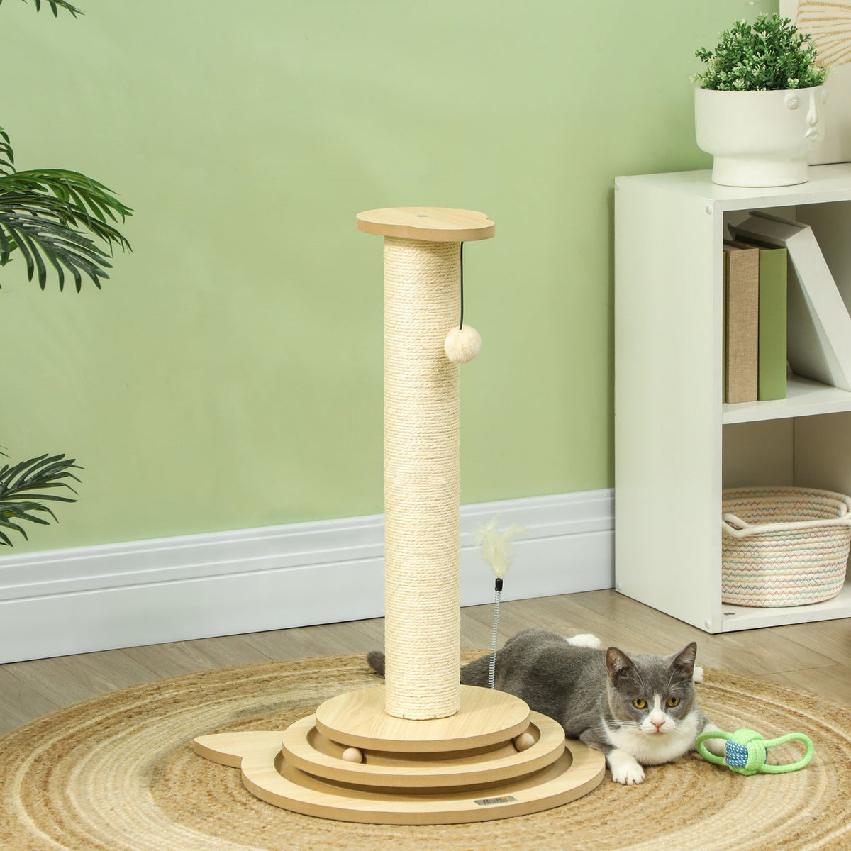 4-in-1 scratching post, 69cm scratching post, sisal cat scratching post with play ball, scratching post for cats, cat scratching furniture, indoor, oak
