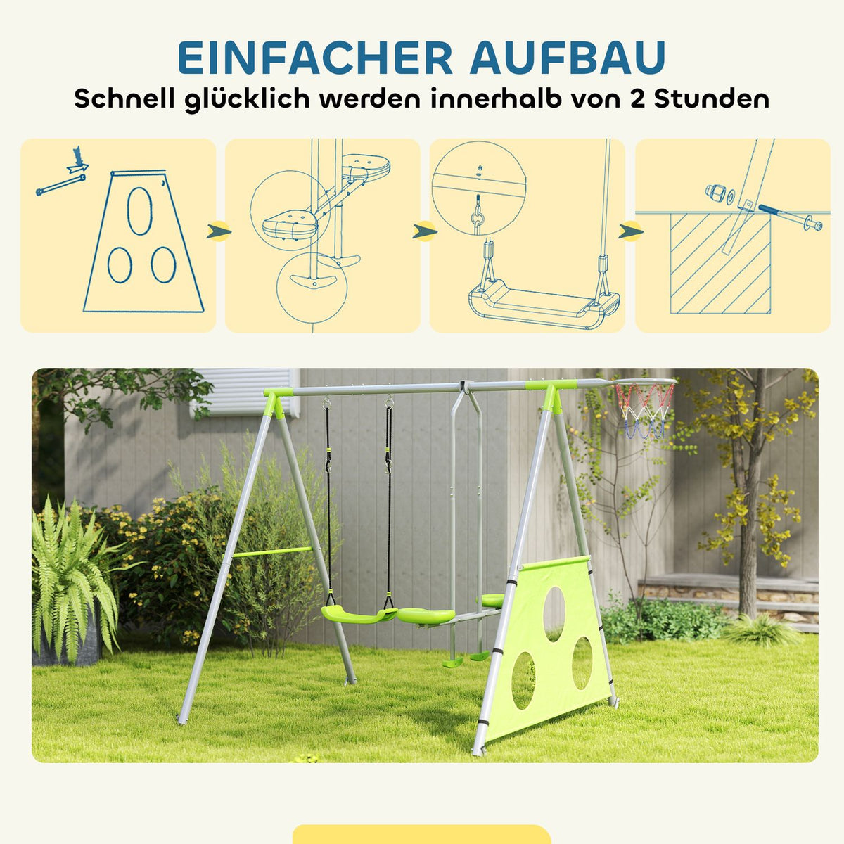 4 in 1 swing frame outdoor swing frame with swing, 2-person slideway, football goal, basketball hoop, garden swing children's swing with metal frame for children