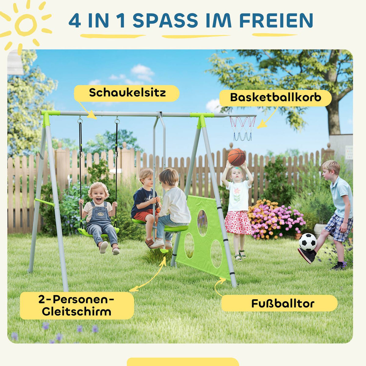 4 in 1 swing frame outdoor swing frame with swing, 2-person slideway, football goal, basketball hoop, garden swing children's swing with metal frame for children