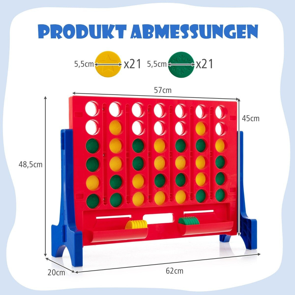 4 in a row large four in a row game with carrying bag & 42 chess pieces wall or table game 62 x 20 x 48.5 cm blue